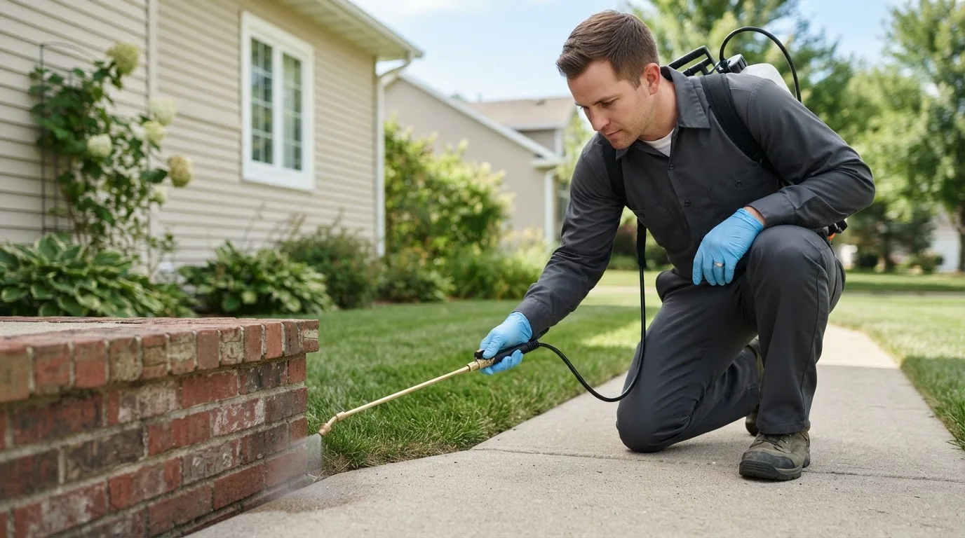 Pest control technician treating a home near Delta, AL